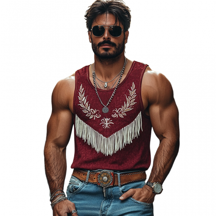 Heren Casual Katoenen Ronde Hals Bloem Borduursel Kwastje Patchwork Slim Fit Tanktop MTA2186E4M