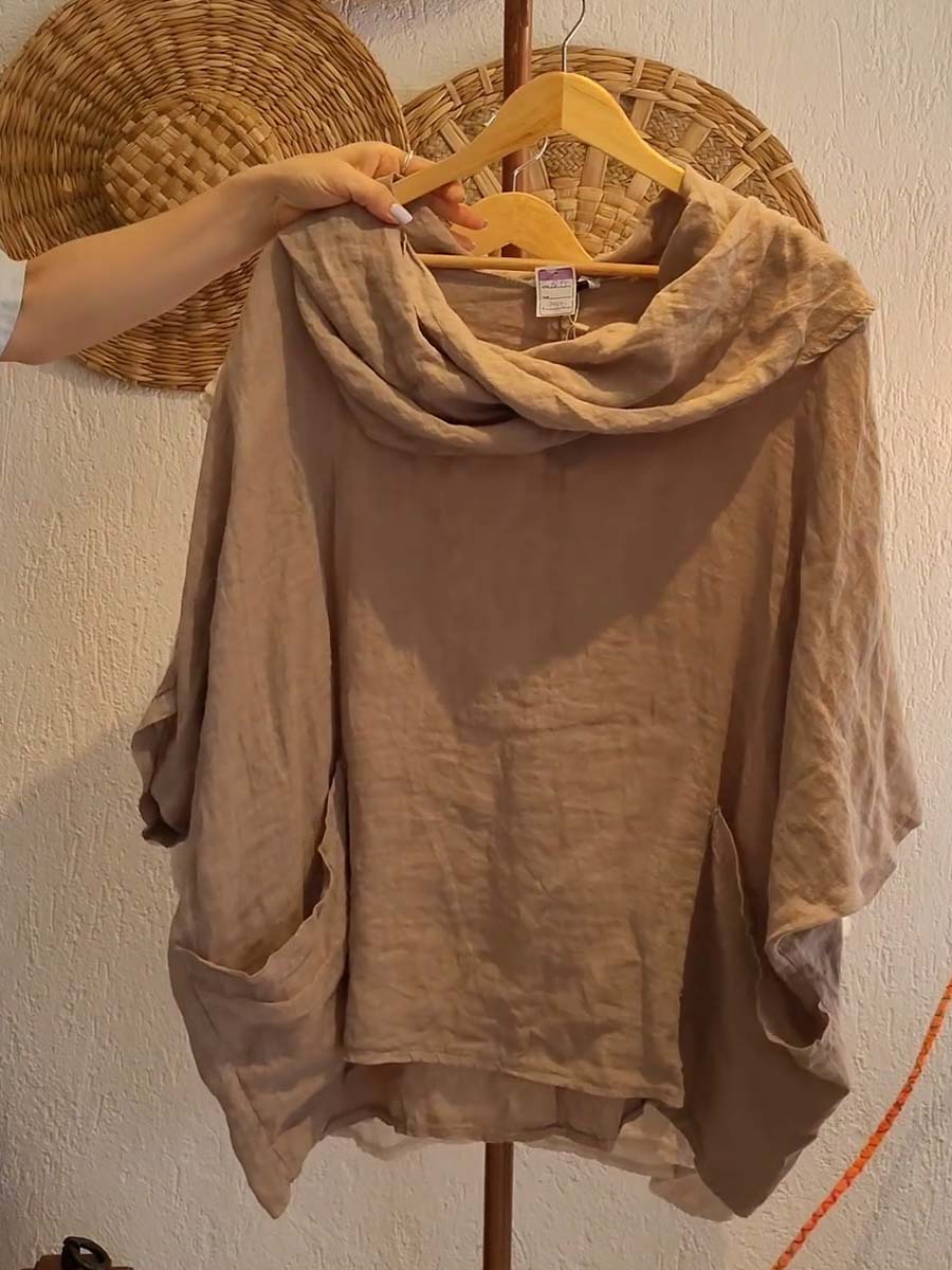 Dames Effen Kleur Gedrapeerde Hals 3/4 Mouw Comfortabele Casual Linnen Zak Top