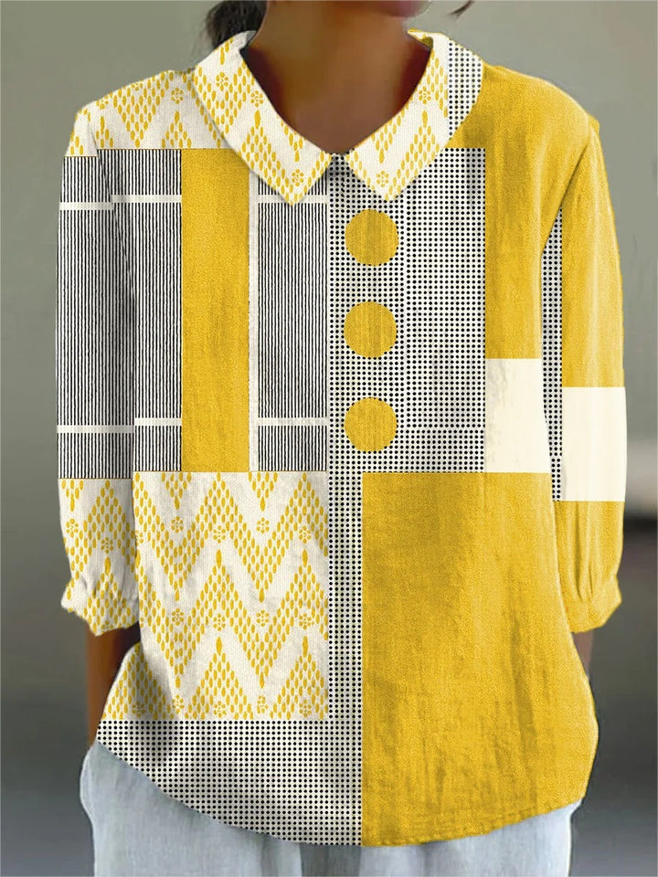 Dames Vintage Abstract Geometrische Kunstprint Casual Peter Pan Kraag 3/4 Mouw Trui