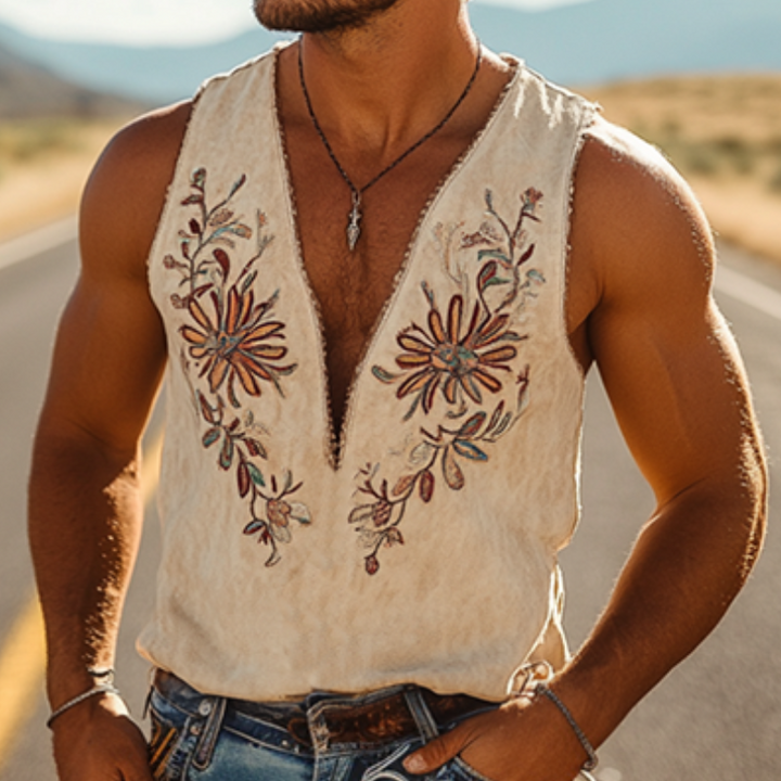 【24-uurs verzending】Heren Lente en Zomer Klassieke Westerse Cowboystijl Dunne Suède Geborduurde Diepe V-hals Tanktop 00494118K