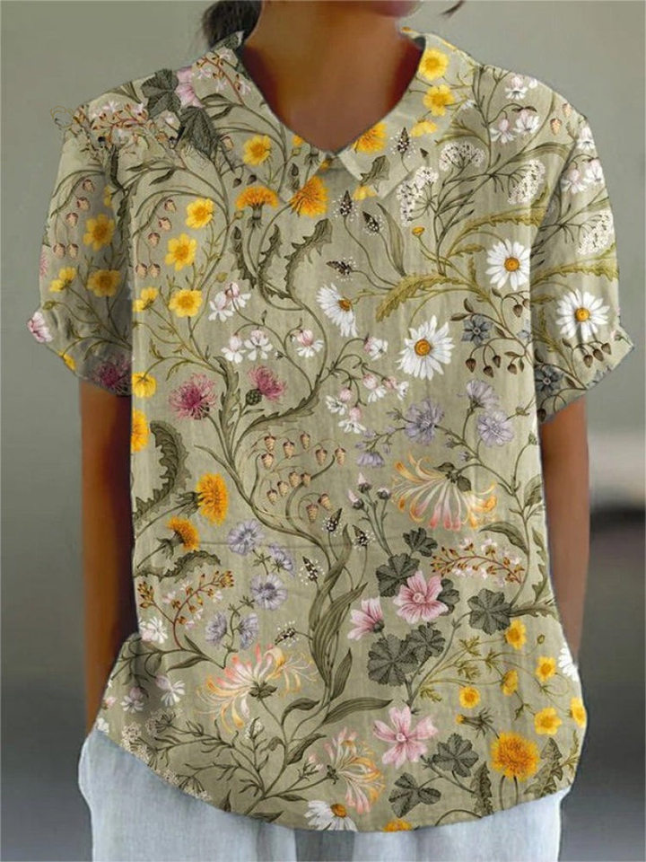 Dames Retro Bloemen Kunstafdruk Casual Katoen En Linnen Shirt