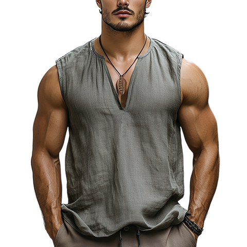Heren Nieuwe Zomer Mode Casual Stoere Stijl V-hals Katoen en Linnen Tanktop MTA2770E7K