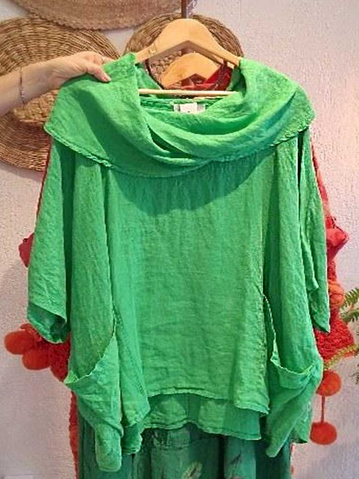 Dames Effen Kleur Gedrapeerde Hals 3/4 Mouw Comfortabele Casual Linnen Zak Top