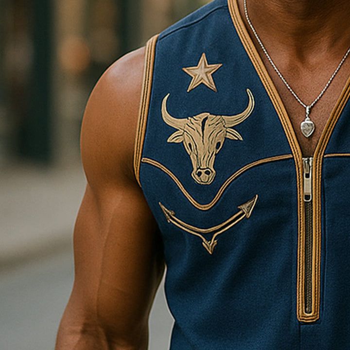 Heren Zomer Westerse Cowboystijl Geborduurde Katoenen En Linnen Tanktop MTA2908E0P