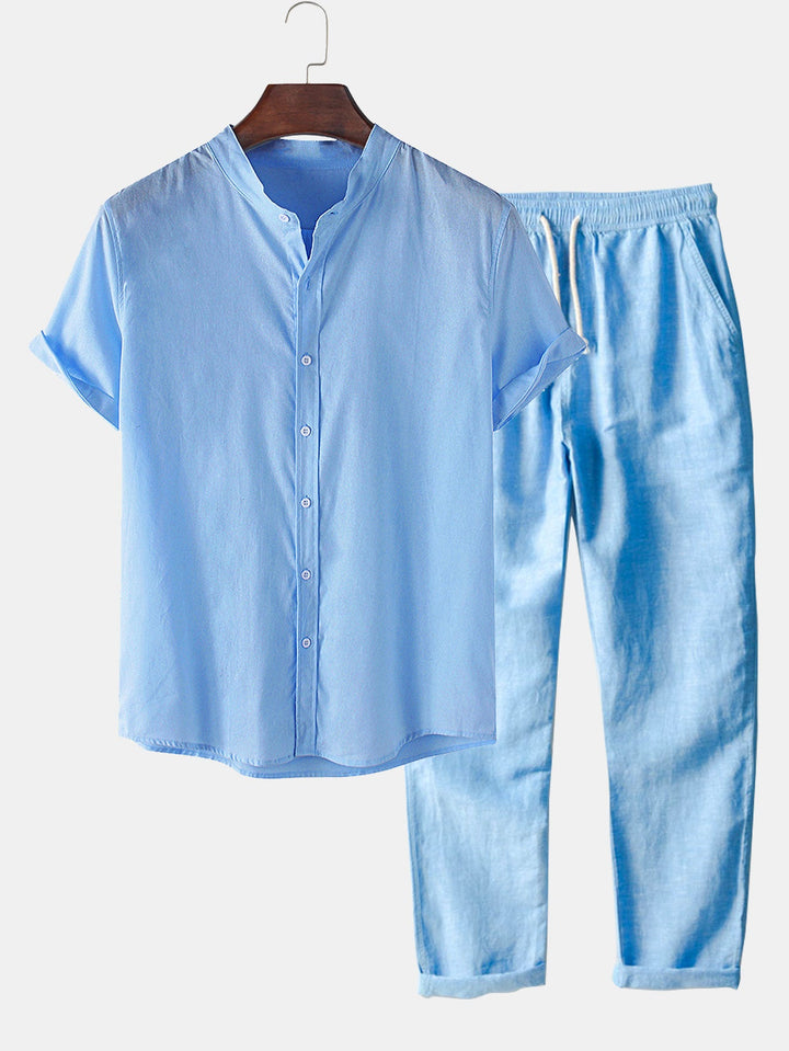 Linnen-look basis overhemden met korte mouwen en rechte linnen broek