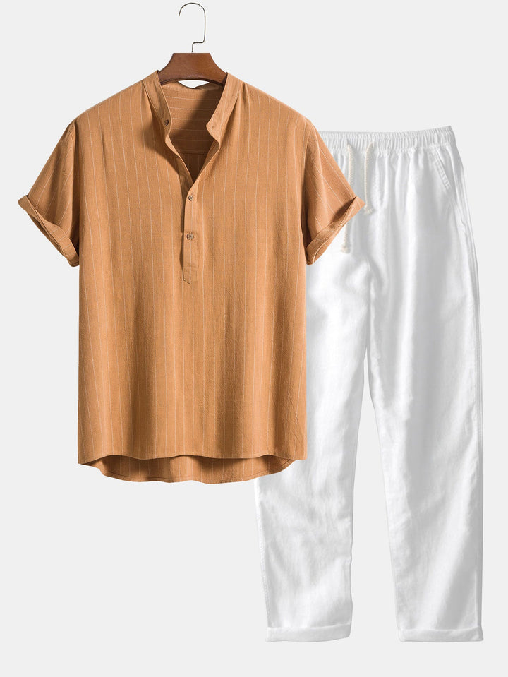 Linnen-mix gestreept overhemd met half open placket en Henley kraag en rechte linnen broek