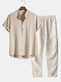 Linnen-mix gestreept overhemd met half open placket en Henley kraag en rechte linnen broek