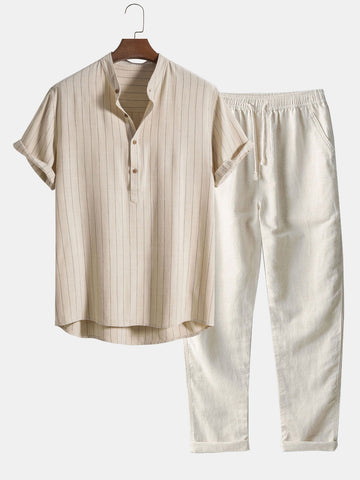 Linnen-mix gestreept overhemd met half open placket en Henley kraag en rechte linnen broek
