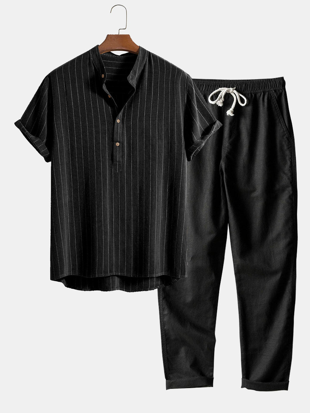 Linnen-mix gestreept overhemd met half open placket en Henley kraag en rechte linnen broek