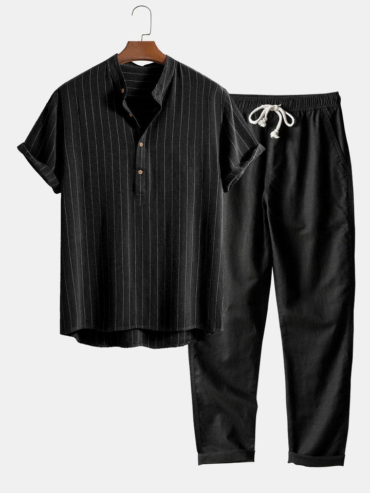 Linnen-mix gestreept overhemd met half open placket en Henley kraag en rechte linnen broek