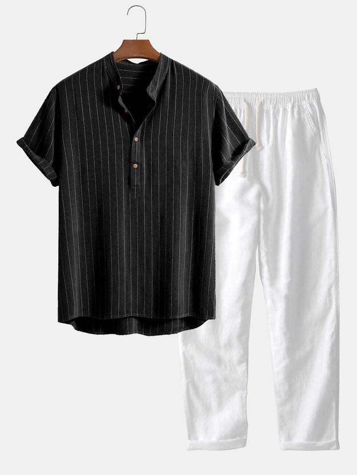 Linnen-mix gestreept overhemd met half open placket en Henley kraag en rechte linnen broek