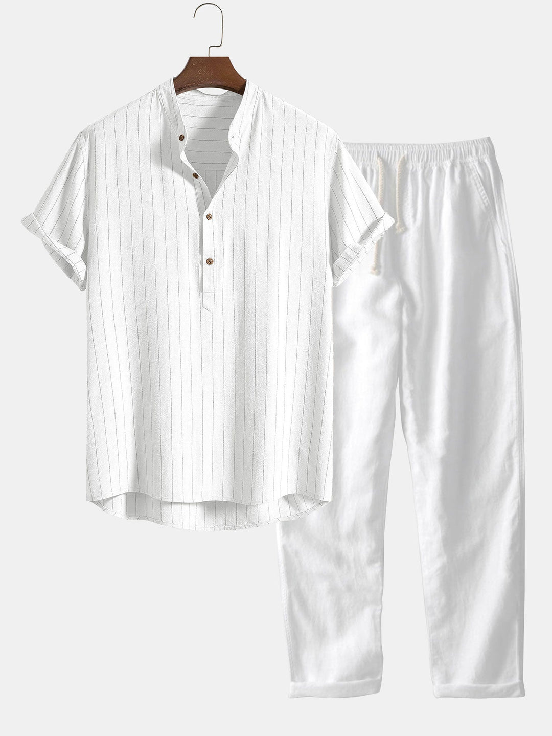 Linnen-mix gestreept overhemd met half open placket en Henley kraag en rechte linnen broek