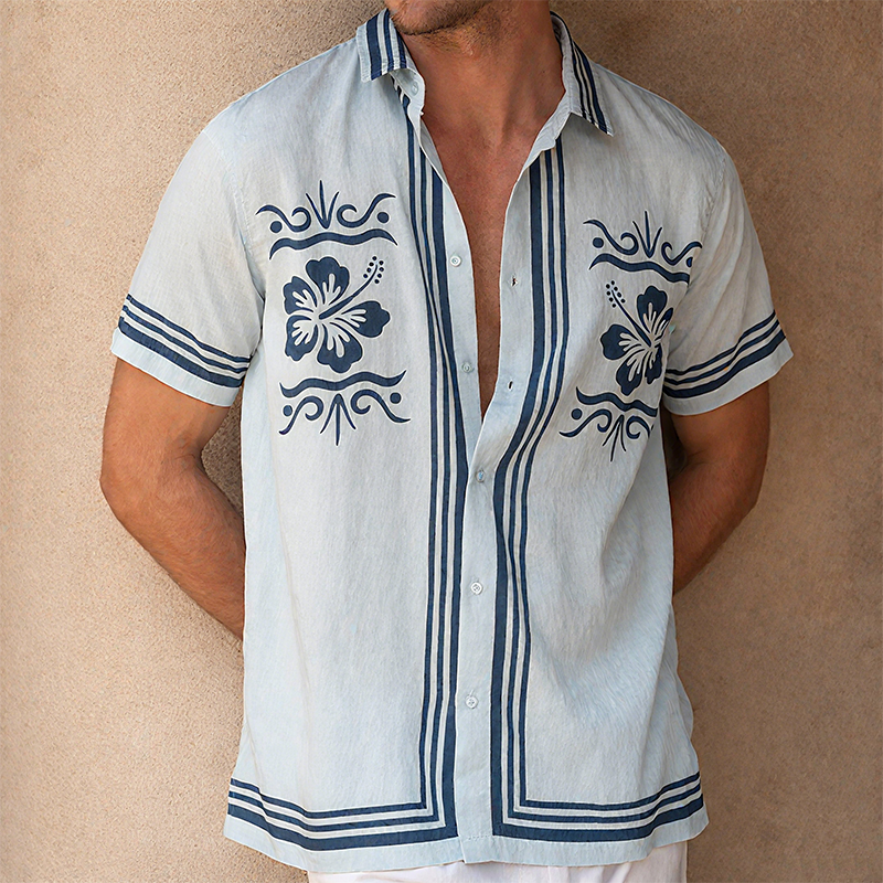 Heren Zomer Casual Tencel Katoen Bloemenprint Kraag Korte Mouw Shirt MTA0233G5K