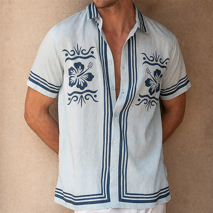 Heren Zomer Casual Tencel Katoen Bloemenprint Kraag Korte Mouw Shirt MTA0233G5K