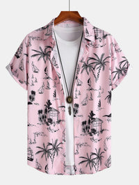 Palmboom Zeilboot Print Doorknoop Shirt