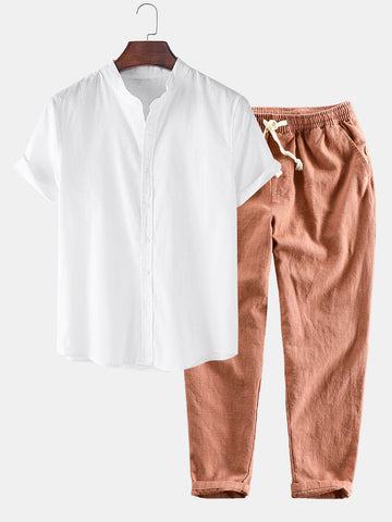 Linnen-look overhemd met korte mouwen en staande kraag en linnen-katoenen korte broek