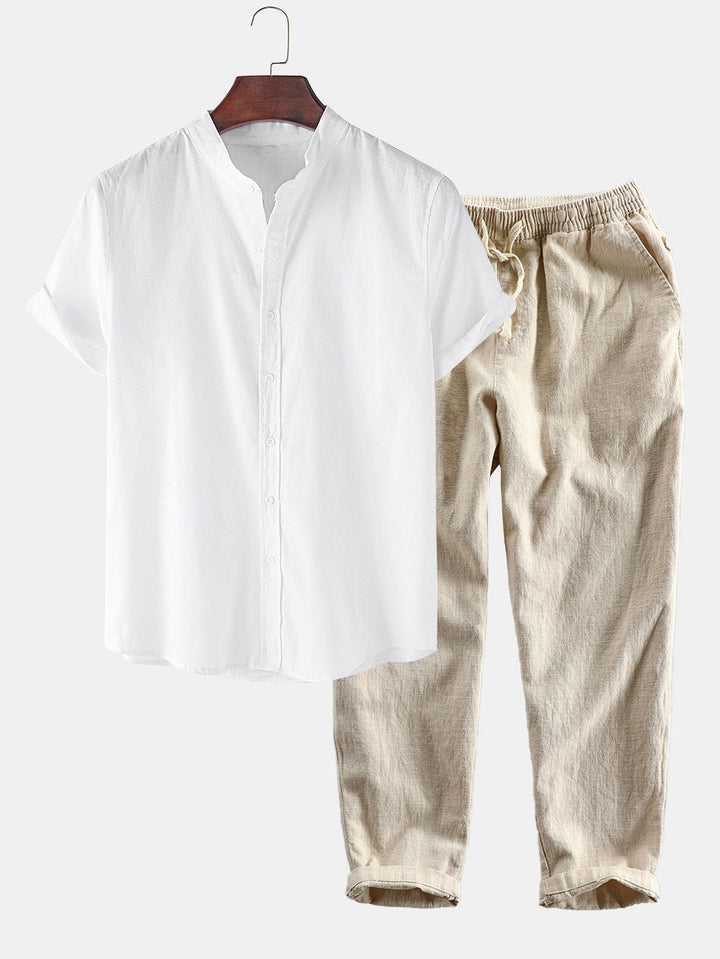 Linnen-look overhemd met korte mouwen en staande kraag en linnen-katoenen korte broek