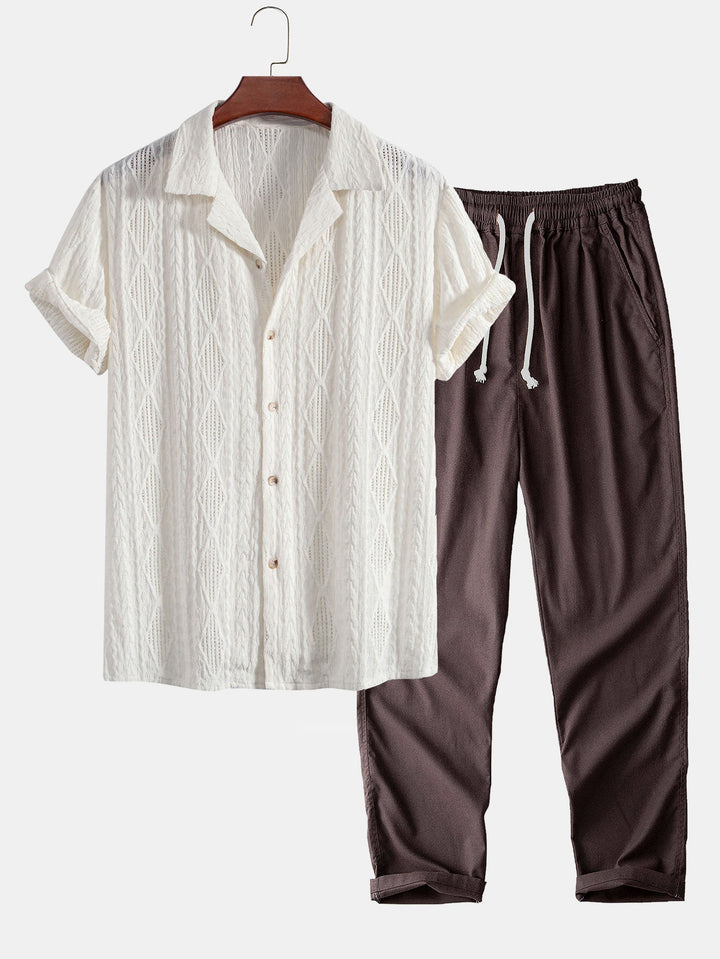 Geometrisch jacquard eyelet Cubaans overhemd en rechte linnen broek