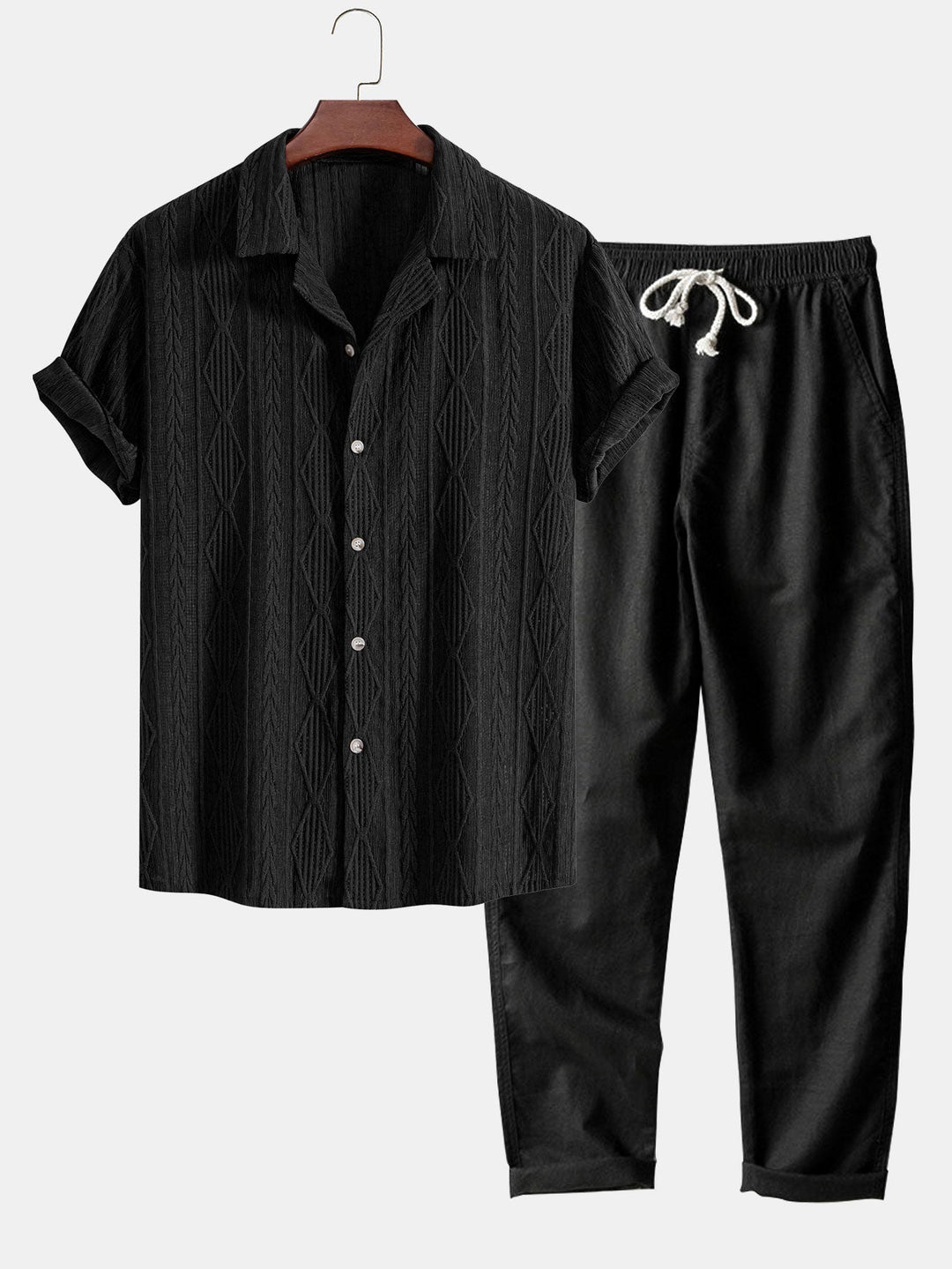 Geometrische Jacquard Ooglet Cuban Shirt & Rechte Linnen Broek