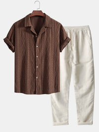 Geometrische Jacquard Ooglet Cuban Shirt & Rechte Linnen Broek