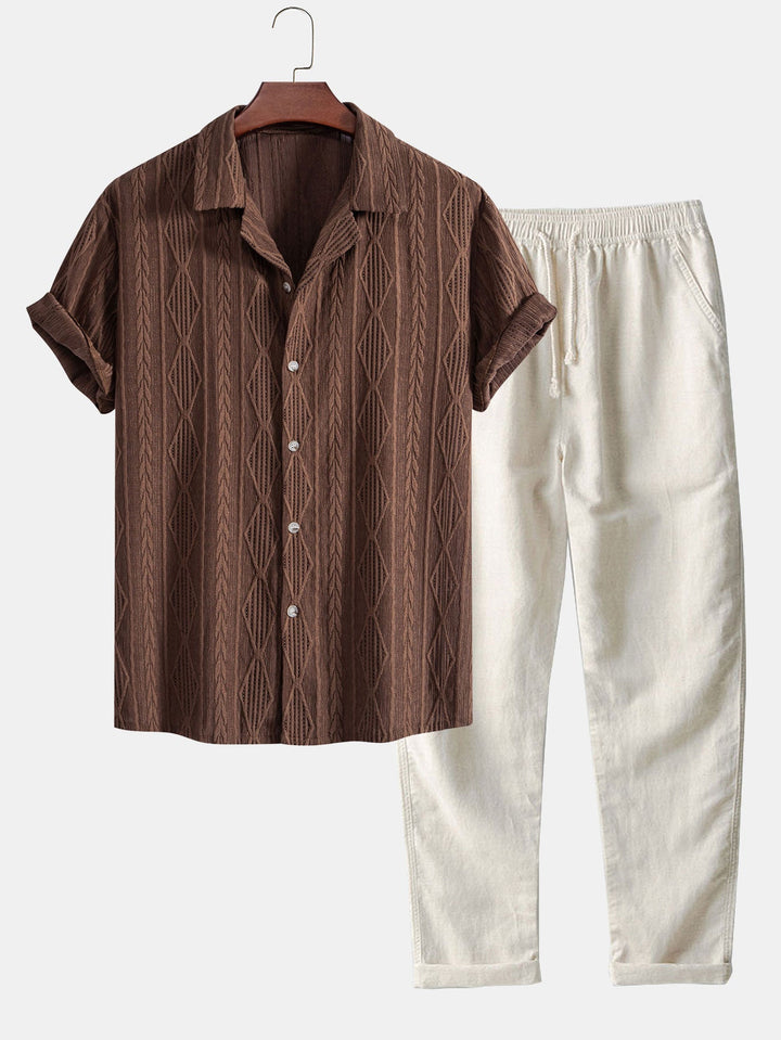 Geometrische Jacquard Ooglet Cuban Shirt & Rechte Linnen Broek