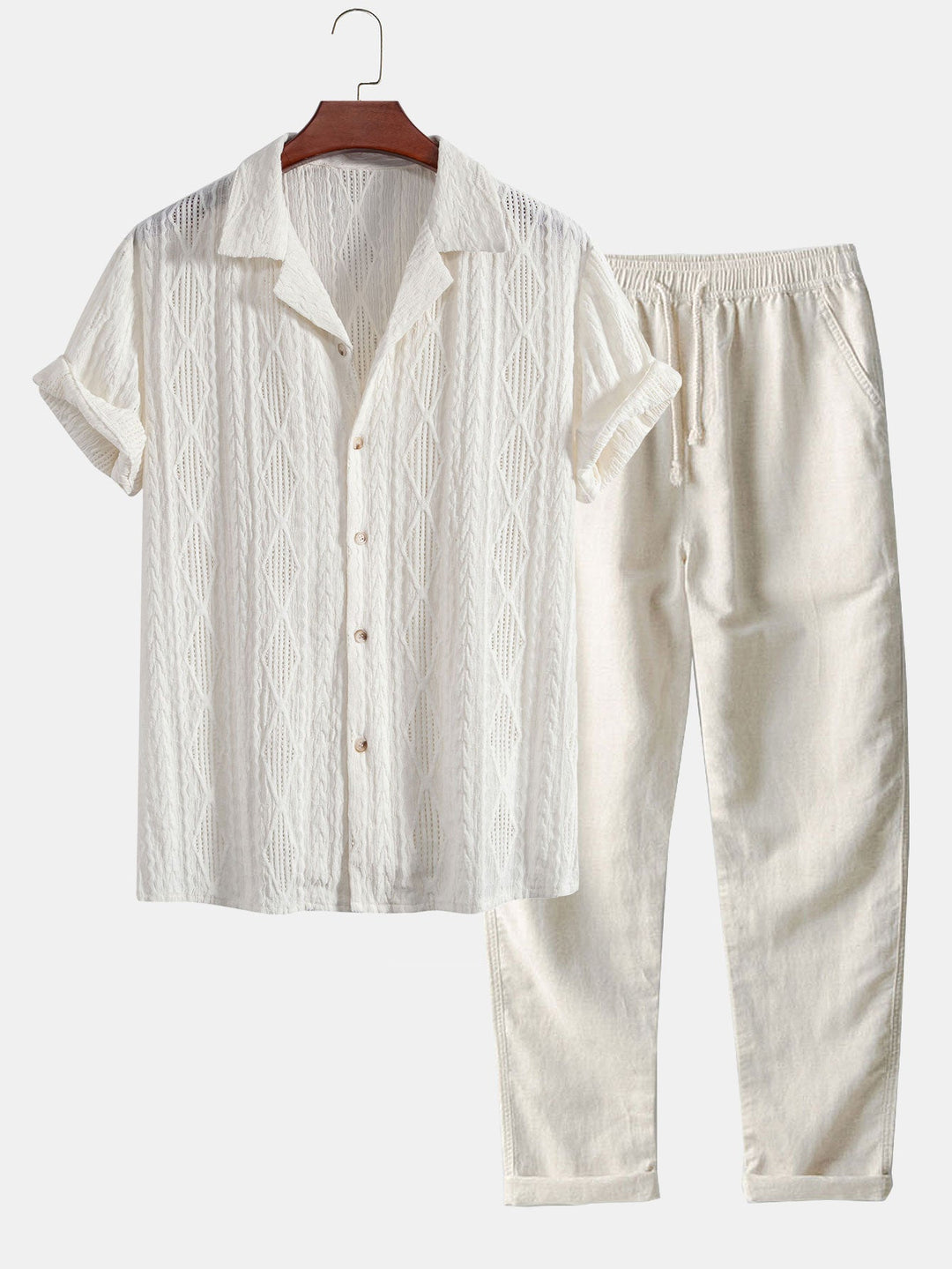 Geometrische Jacquard Ooglet Cuban Shirt & Rechte Linnen Broek
