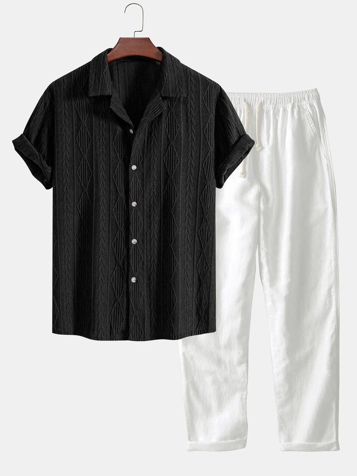 Geometrisch jacquard eyelet Cubaans overhemd en rechte linnen broek