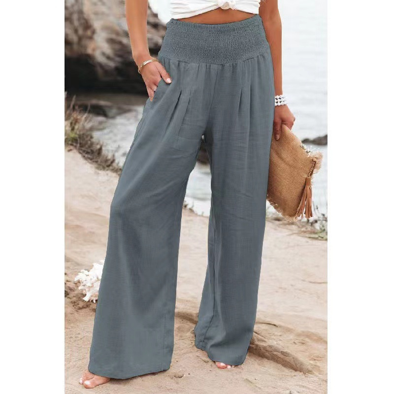 Vrouwen Katoenen en Linnen Elastische Taille Brede Pantalon 