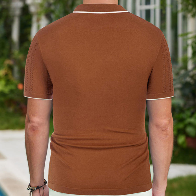Heren Gebreide Effen Poloshirt met Korte Mouwen