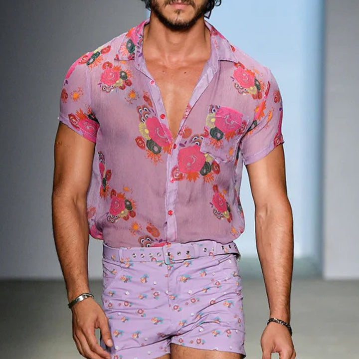 【24-uurs verzending】 Heren Retro Casual Mesh Gedrukt Bloemen Revers Korte Mouwen Shirt MTA1435D2TO
