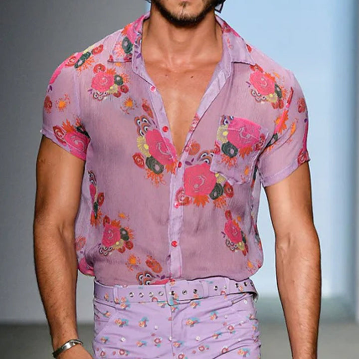 【24-uurs verzending】 Heren Retro Casual Mesh Gedrukt Bloemen Revers Korte Mouwen Shirt MTA1435D2TO