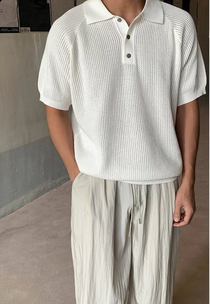 Heren Casual Effen Kleur Revers Zachte Slim Fit Gebreide Polo Sweater T-shirt met korte mouwen
