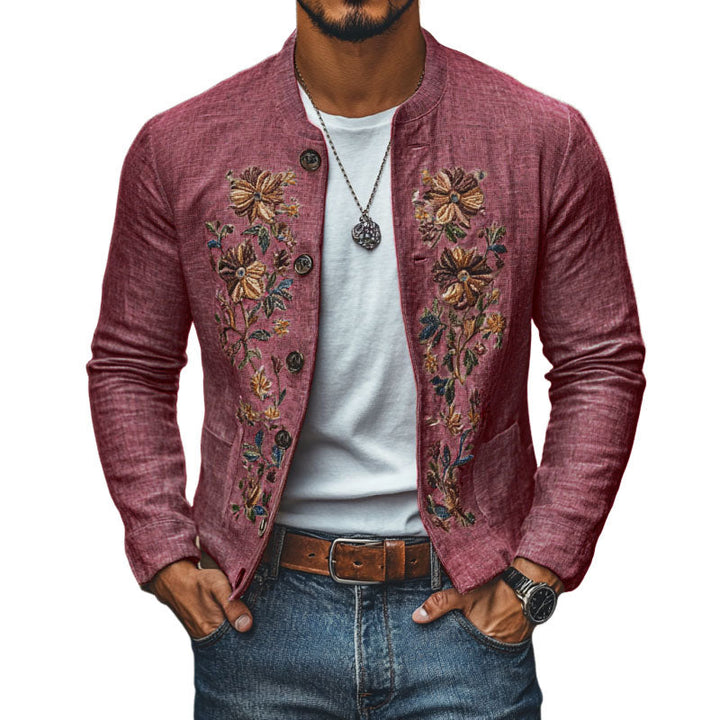 Heren Casual Linnen Geborduurde Staande Kraag Enkelgeknoopte Slim Fit Jas 48687422M