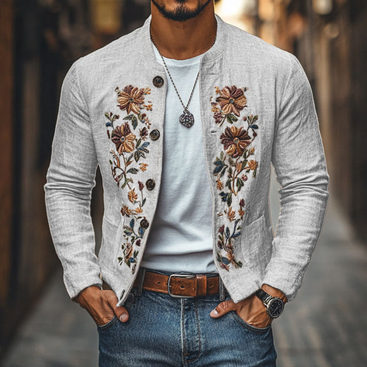 Heren Casual Linnen Geborduurde Staande Kraag Enkelgeknoopte Slim Fit Jas 48687422M