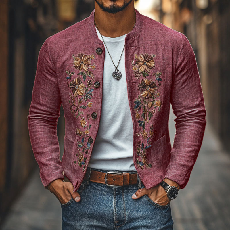 Heren Casual Linnen Geborduurde Staande Kraag Enkelgeknoopte Slim Fit Jas 48687422M