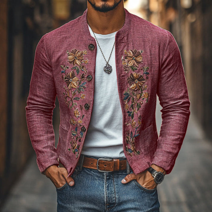 Heren Casual Linnen Geborduurde Staande Kraag Enkelgeknoopte Slim Fit Jas 48687422M