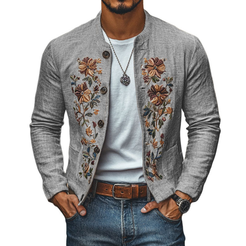 Heren Casual Linnen Geborduurde Staande Kraag Enkelgeknoopte Slim Fit Jas 48687422M