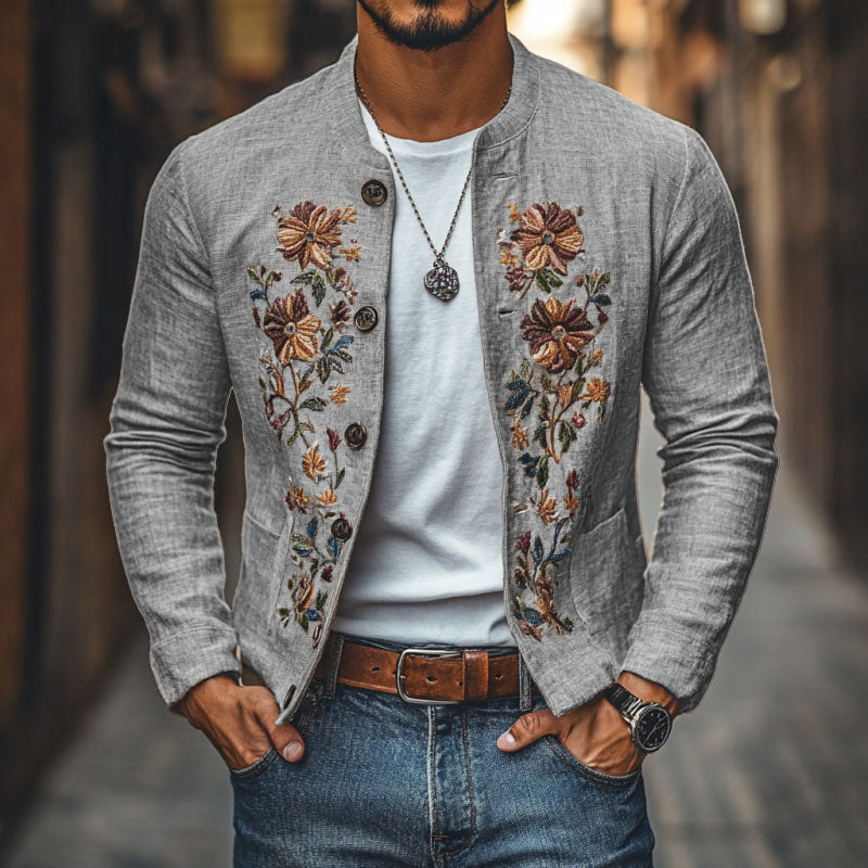 Heren Casual Linnen Geborduurde Staande Kraag Enkelgeknoopte Slim Fit Jas 48687422M