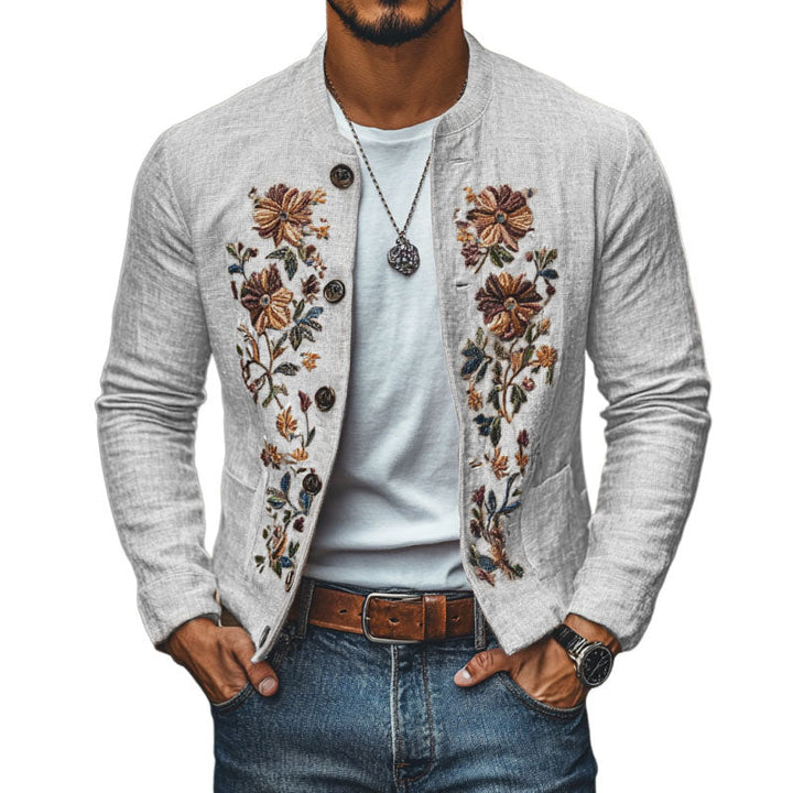 Heren Casual Linnen Geborduurde Staande Kraag Enkelgeknoopte Slim Fit Jas 48687422M