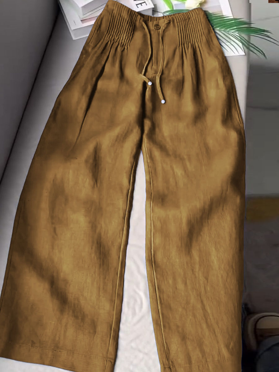 Dames Effen Kleur Geplooide Trekkoord Casual Katoenen en Linnen Wijde Pantalon
