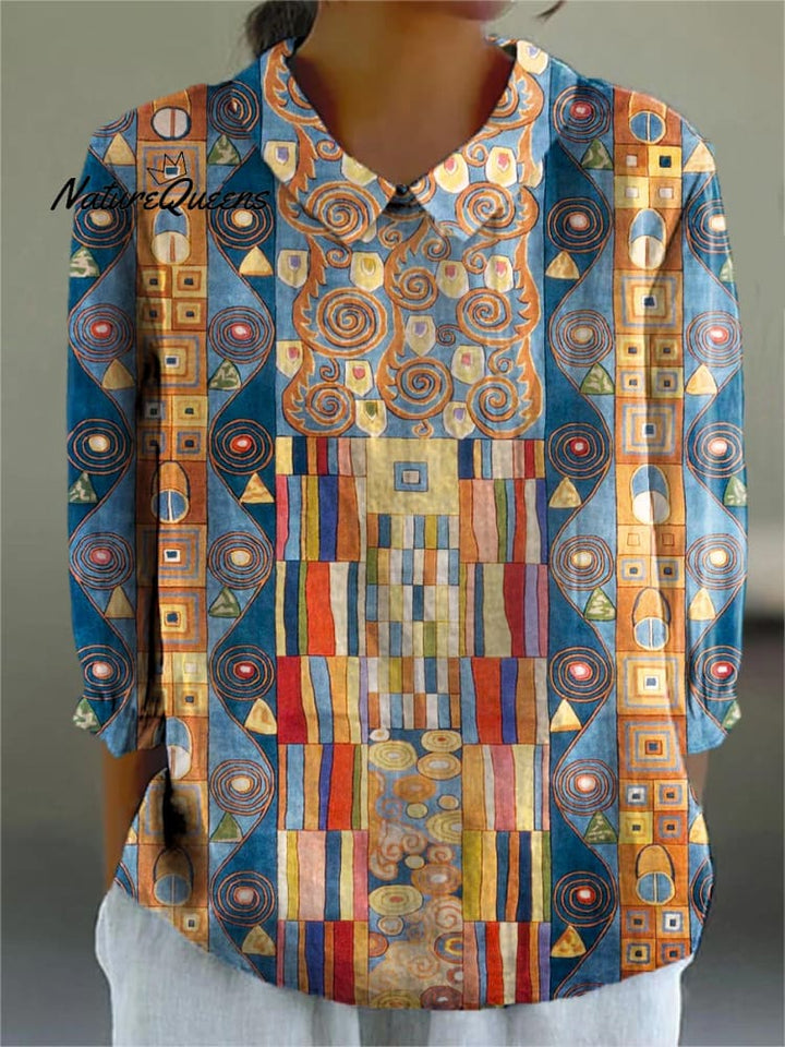 Vrouwen Abstract Geometrisch Patroon Kunstafdruk Casual Katoen en Linnen 3/4 Mouw Shirt 