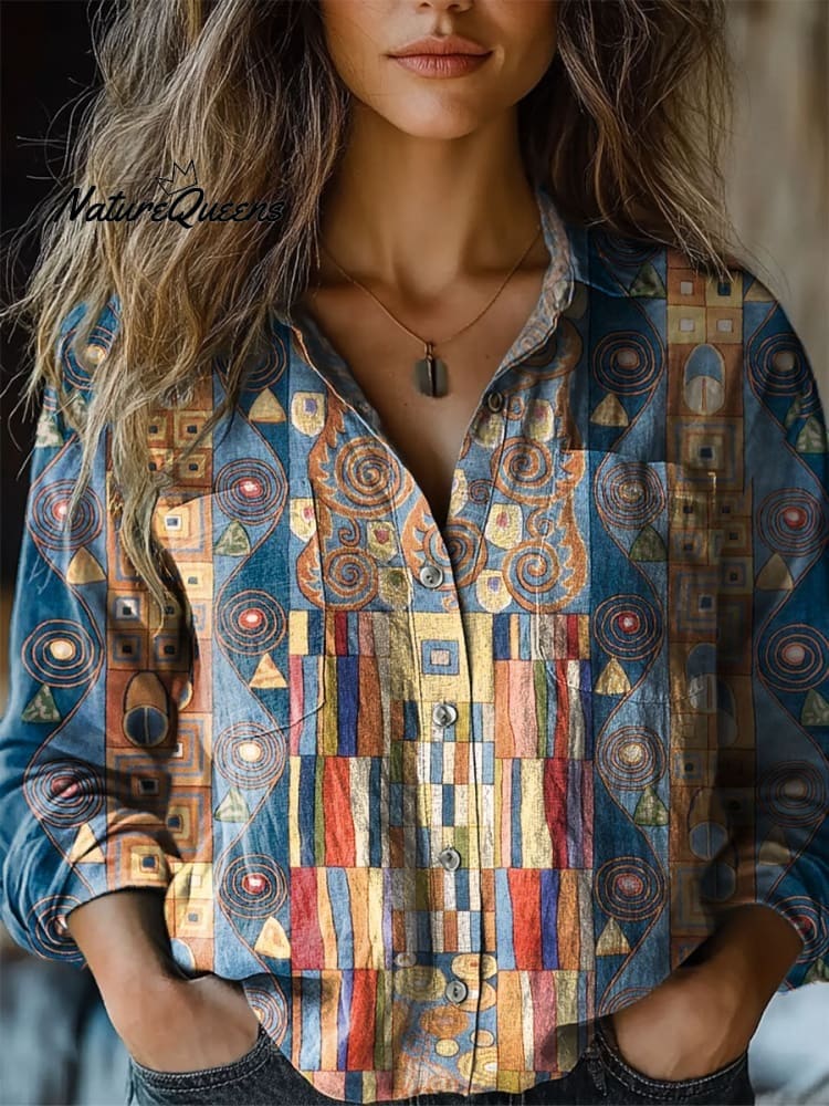 Vrouwen Abstract Geometrisch Patroon Kunstafdruk Casual Katoen en Linnen 3/4 Mouw Shirt 