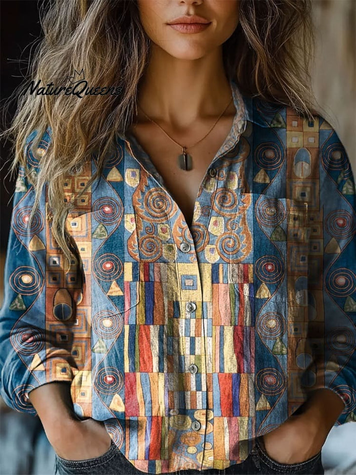 Vrouwen Abstract Geometrisch Patroon Kunstafdruk Casual Katoen en Linnen 3/4 Mouw Shirt 