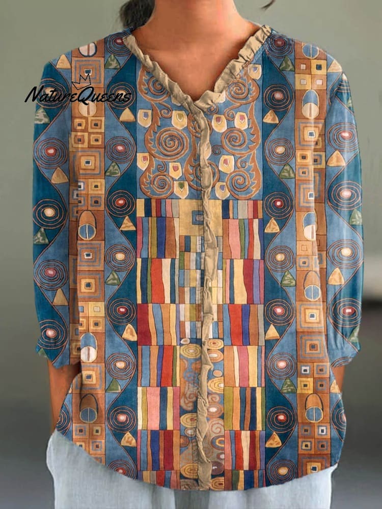 Vrouwen Abstract Geometrisch Patroon Kunstafdruk Casual Katoen en Linnen 3/4 Mouw Shirt 
