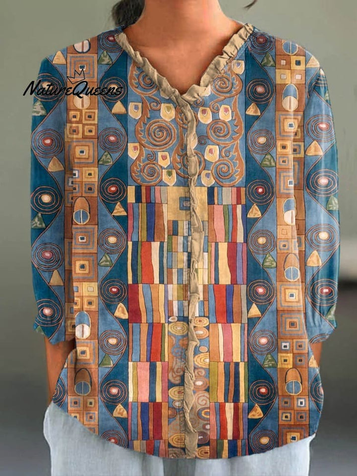 Vrouwen Abstract Geometrisch Patroon Kunstafdruk Casual Katoen en Linnen 3/4 Mouw Shirt 