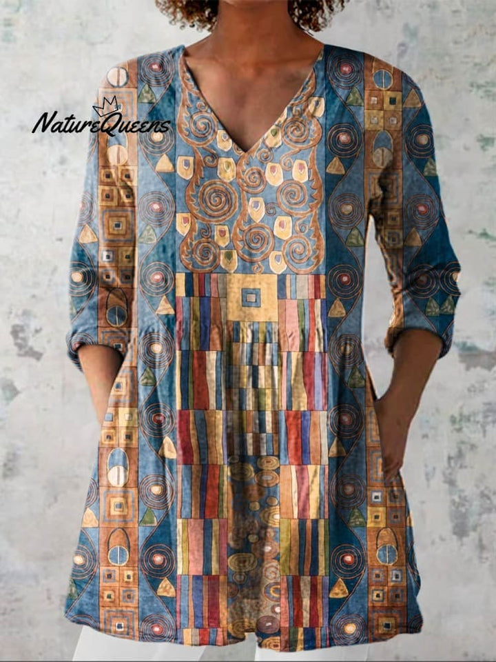 Vrouwen Abstract Geometrisch Patroon Kunstafdruk Casual Katoen en Linnen 3/4 Mouw Shirt 