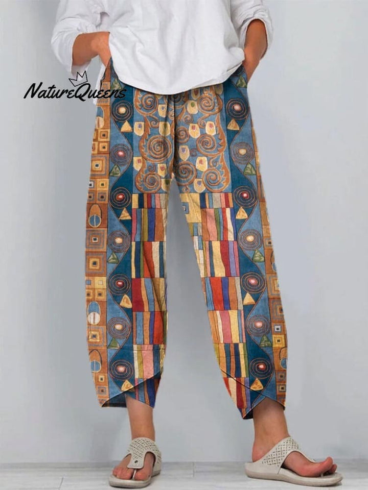 Vrouwen Abstract Geometrisch Patroon Kunstafdruk Casual Katoen en Linnen 3/4 Mouw Shirt 
