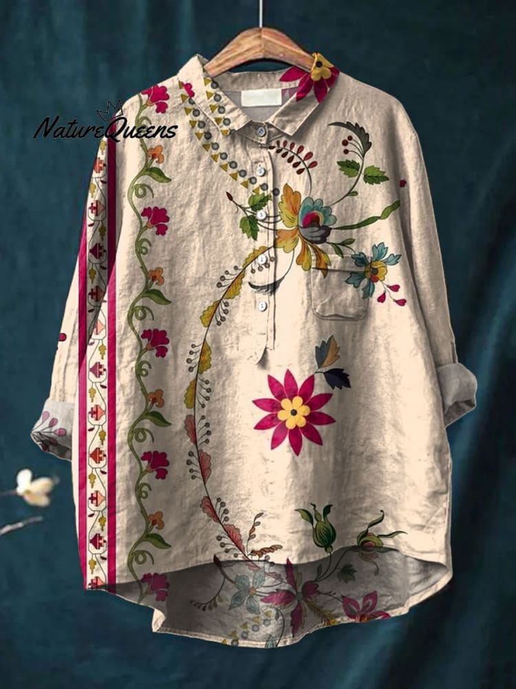 Dames Boho Bloemen Kunstafdruk Casual linnen V-hals shirt 