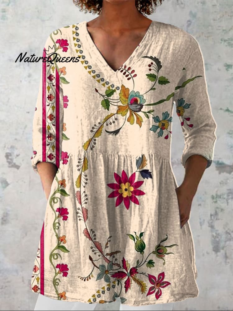 Dames Boho Bloemen Kunstafdruk Casual linnen V-hals shirt 