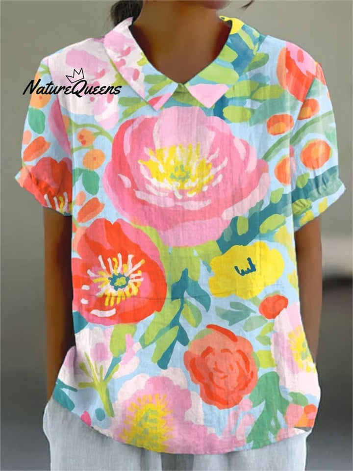 Dames Bloemen Kunstafdruk Casual linnen V-hals shirt 